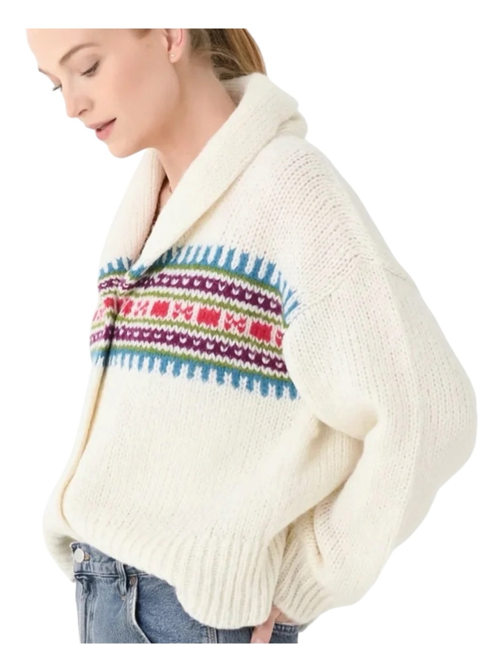 XIRENA Waylon Shawl Collar Fair Isle Alpaca Cardigan Ivory Small - Picture 12 of 12